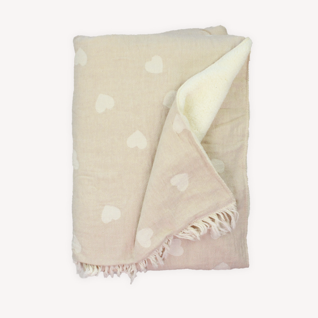 Pokoloko Fleece Lined Throw - Have a Heart in Beige