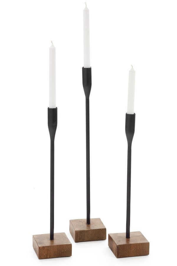 ADV - Iron Taper Candle Holder With Wood Base Small