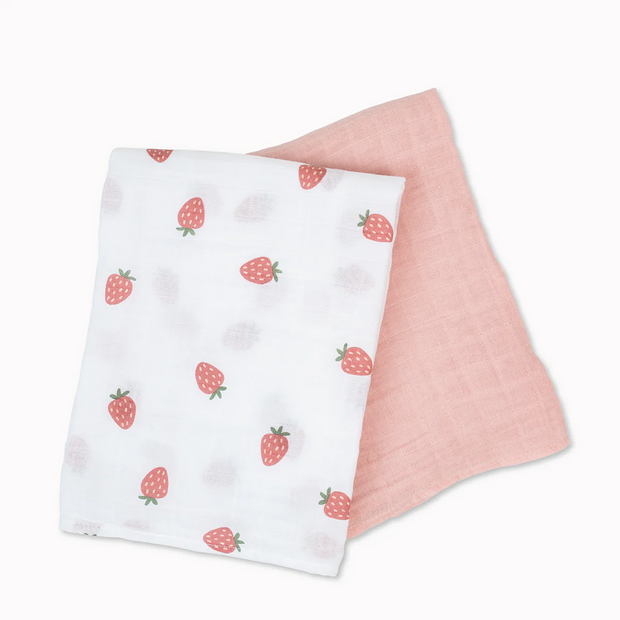 Lulujo Cotton Muslin 2 Pack Swaddles - Strawberries & Ballet Slipper