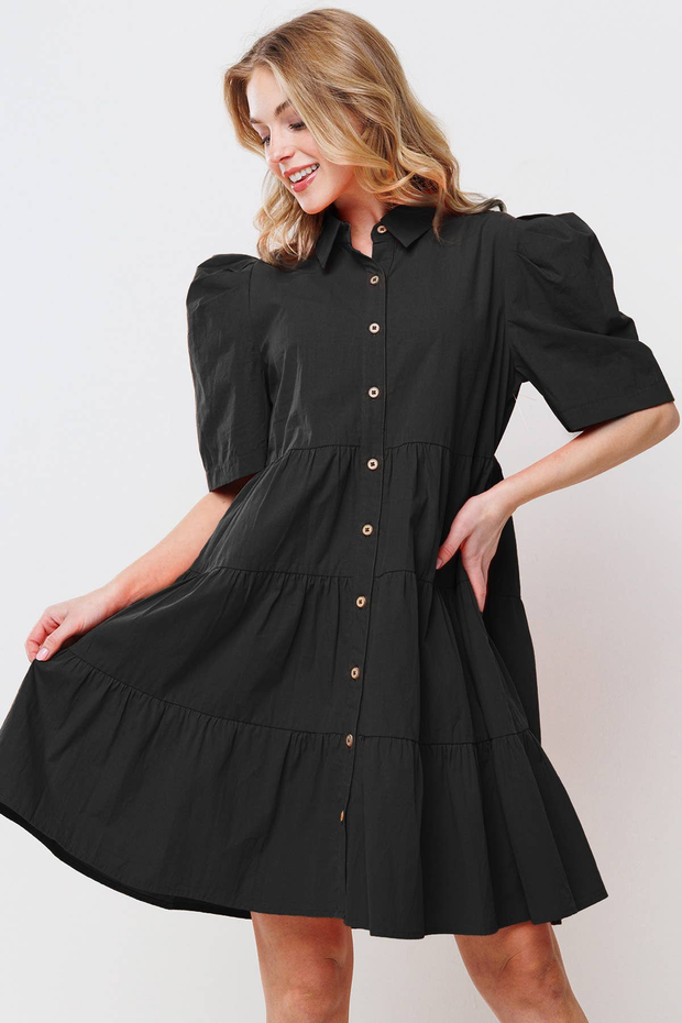 Puffed Sleeve Mini Dress in Black