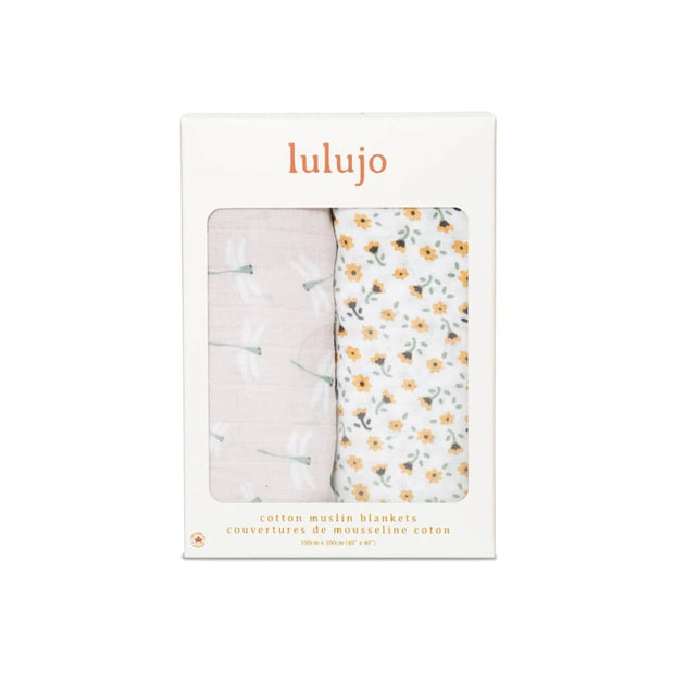Lulujo Cotton Muslin 2 Pack Swaddles - Vintage Floral & Dragonfly