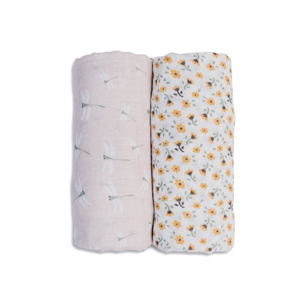 Lulujo Cotton Muslin 2 Pack Swaddles - Vintage Floral & Dragonfly