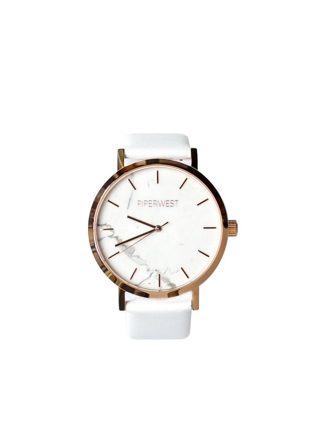 PiperWest - Marble Minimalist 42mm in Rose Gold and White