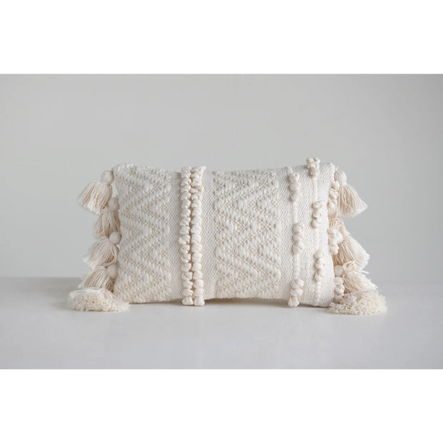Creative Co-op - Woven Cotton Textured Lumbar Pillow with Pom Poms