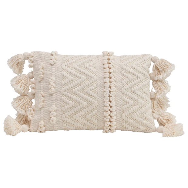 Creative Co-op - Woven Cotton Textured Lumbar Pillow with Pom Poms