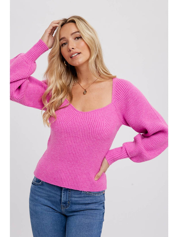 Knitted Sweetheart Neck Top - Pink - Ladies